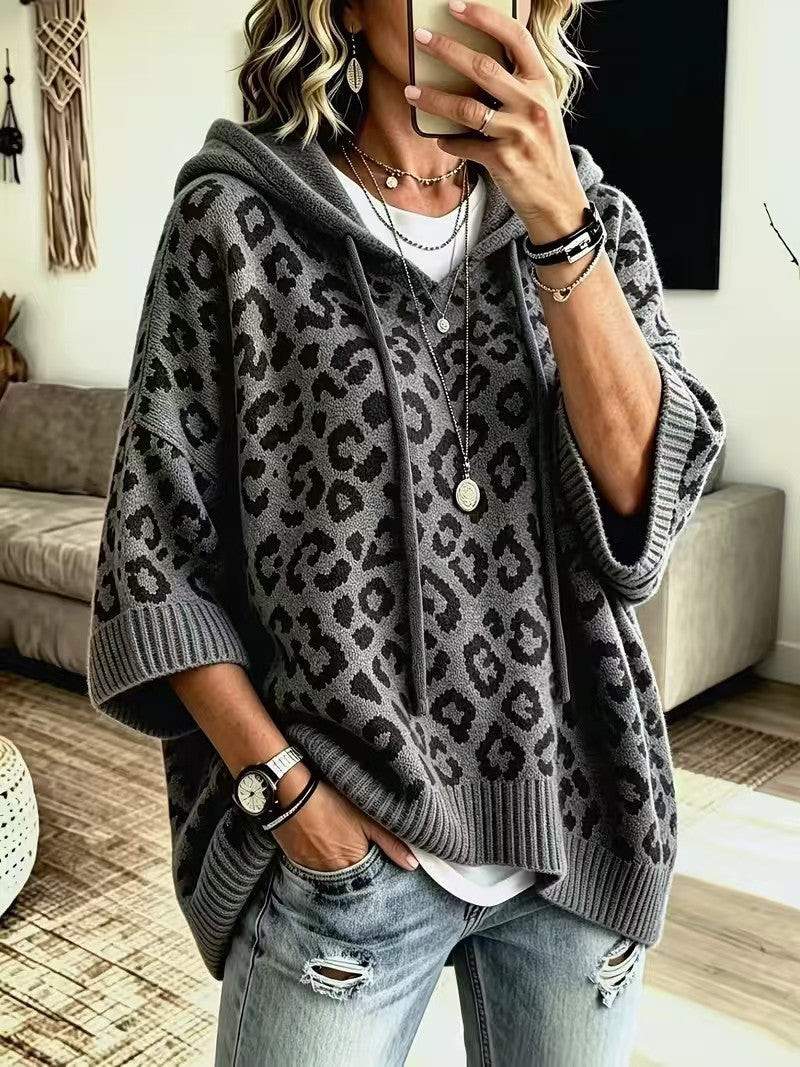 Leopard Print Hooded Drawstring Knitted Pullover Hoodie Sweater