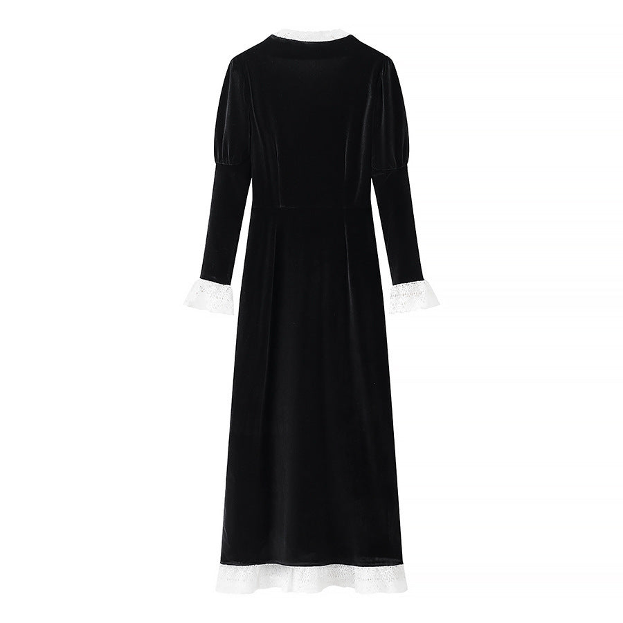 Retro Cinched Black Dress Winter Long Skirts
