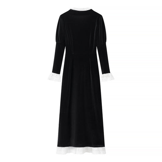 Retro Cinched Black Dress Winter Long Skirts