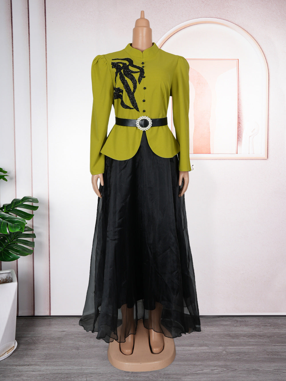 Women's Fashion Long Sleeve Button Two-piece Crystals Dresses