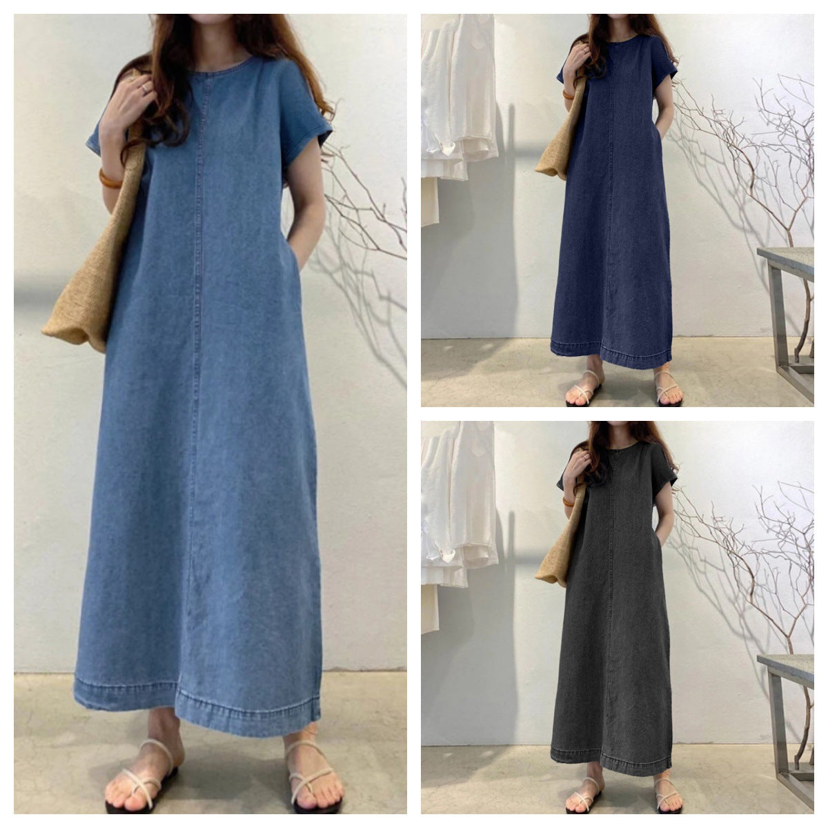 Round Neck Sleeves Loose Pockets Pullover Shorts