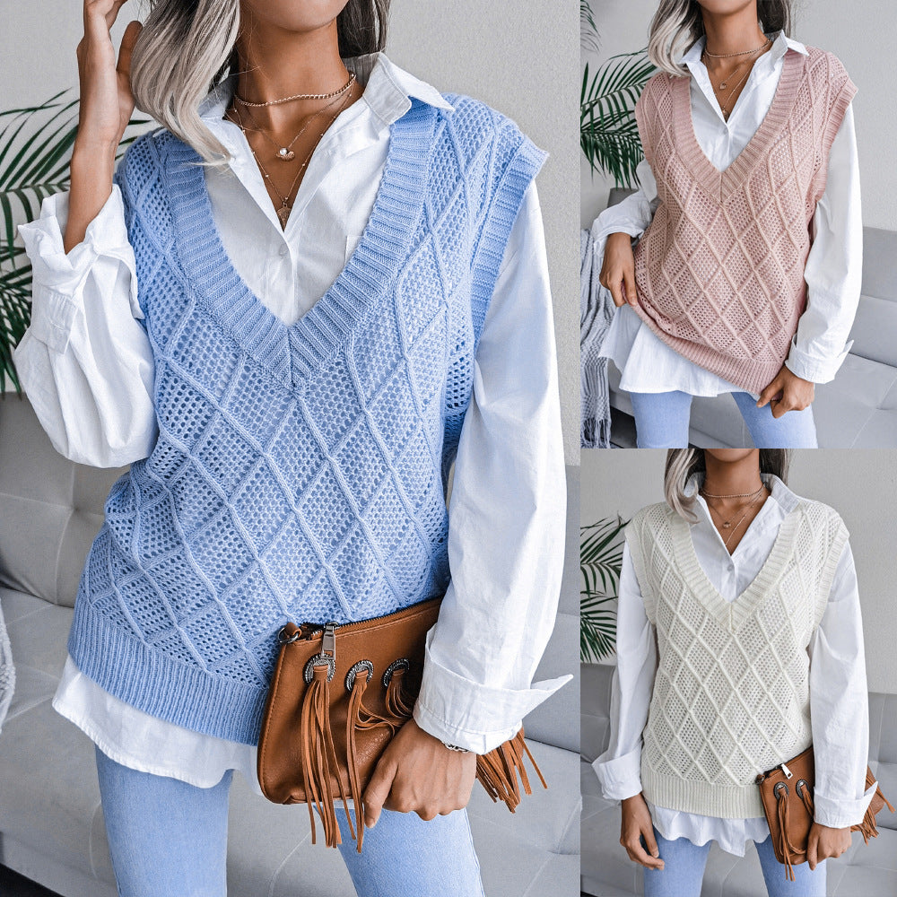 Women's Clearance Rhombus Hollowed Leisure Knitted Sweater