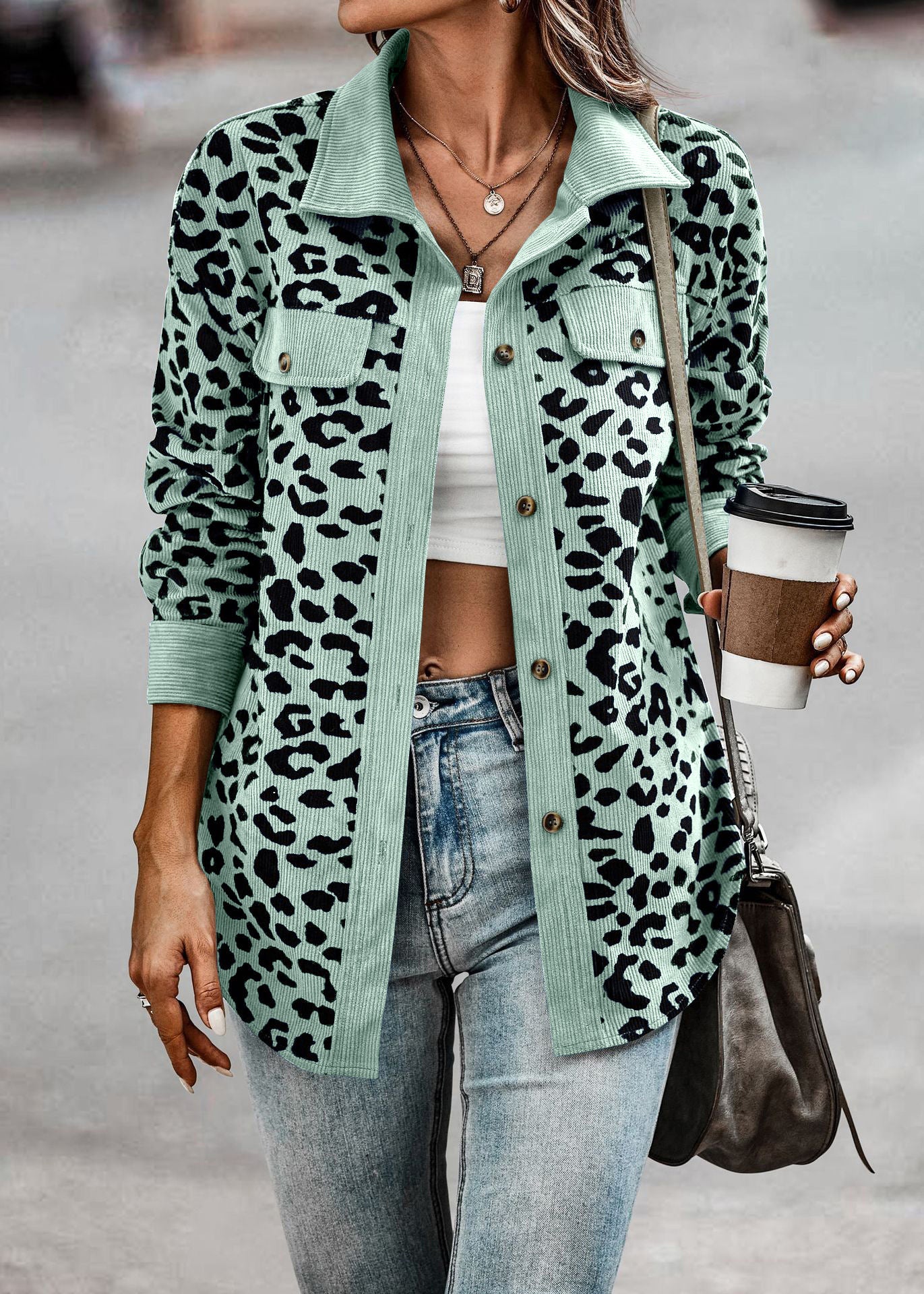 Women's Fashion Leopard Print Button Long Sleeve Coats