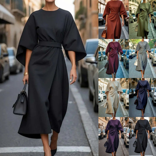 Women's Fashion Elegant Solid Color Waist Tight Casual Dolman Sleeve Dress
