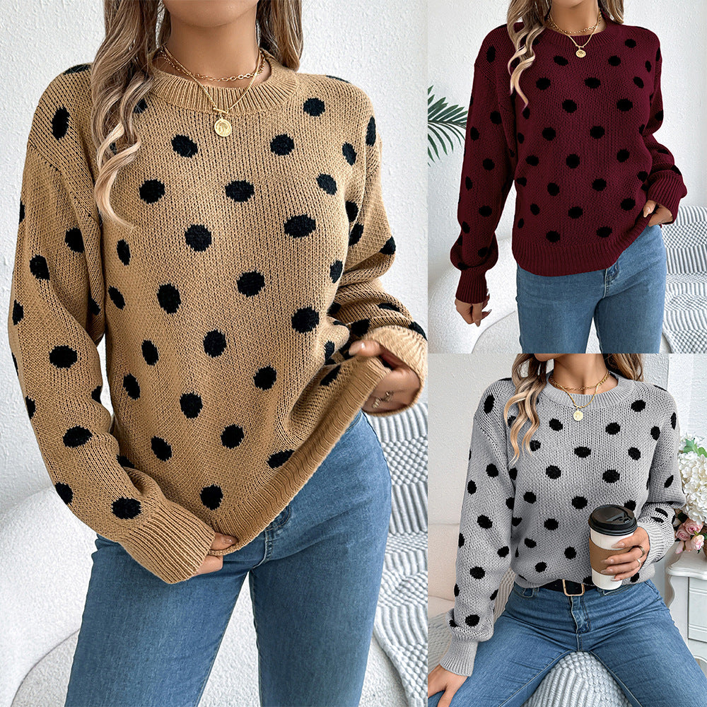 Women's Contrast Color Polka Dot Long Sleeve Sweaters