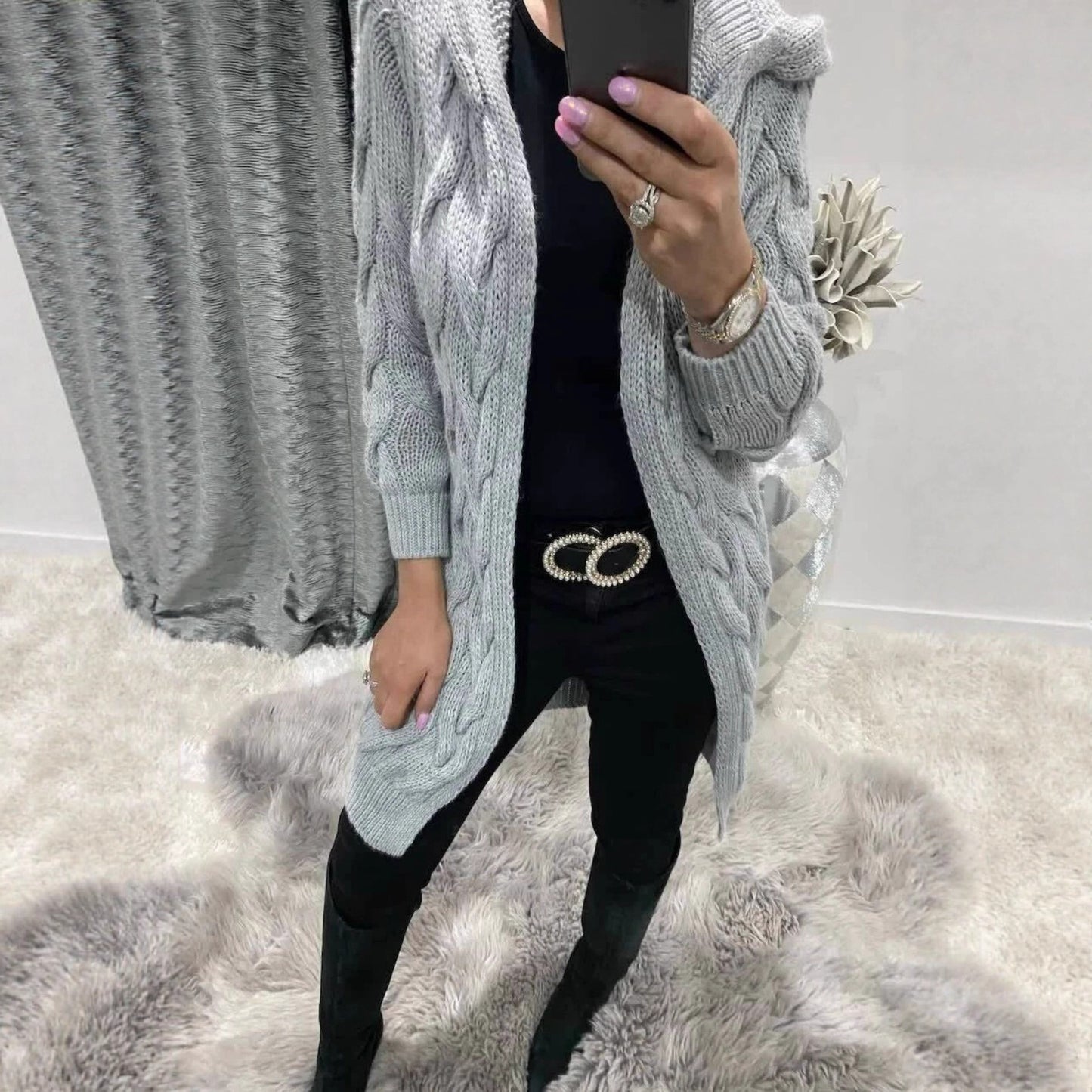 Women's Long Hooded Knit Twisted Sleeve Solid Knitwear