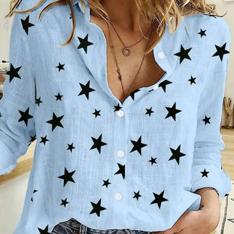 Women's Dot Print Casual Long Sleeve Linen Blouses
