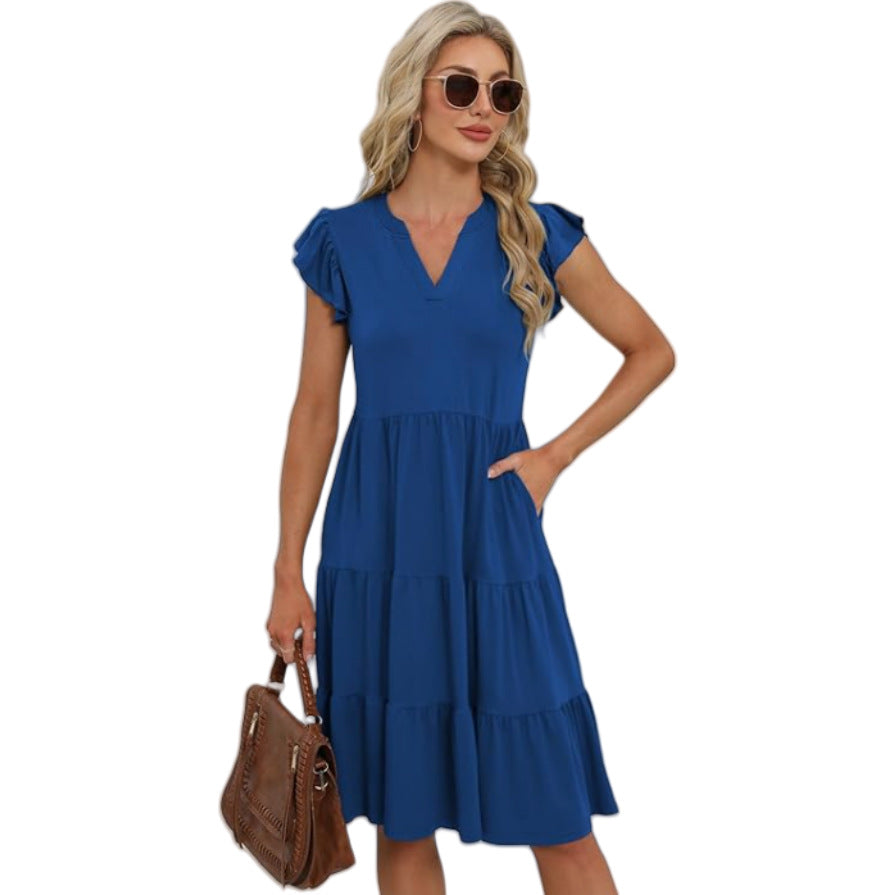 Women's Collar Ruffle Sleeve Mid-length Stitching Big Swing Dress