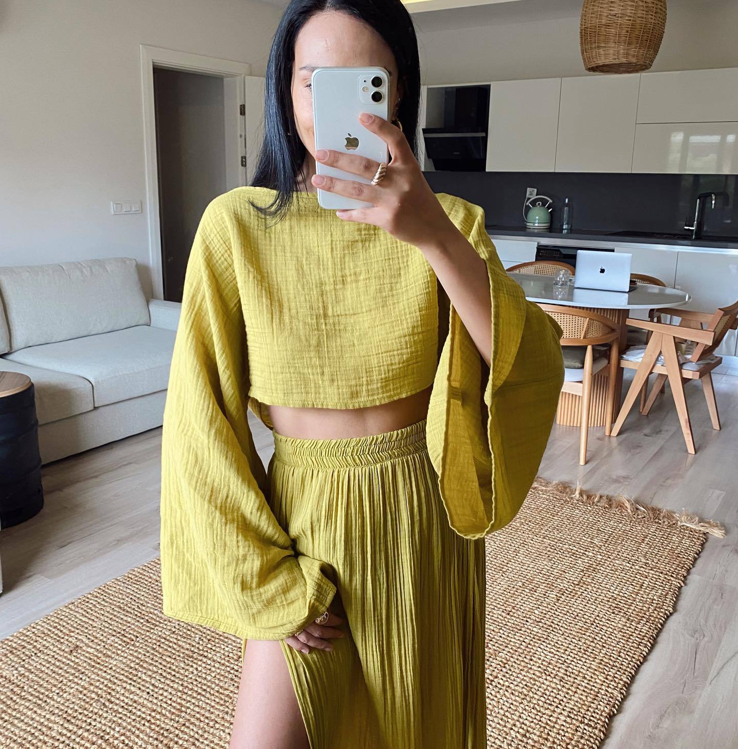 Blend High Waist Chic Slit Cotton Suits