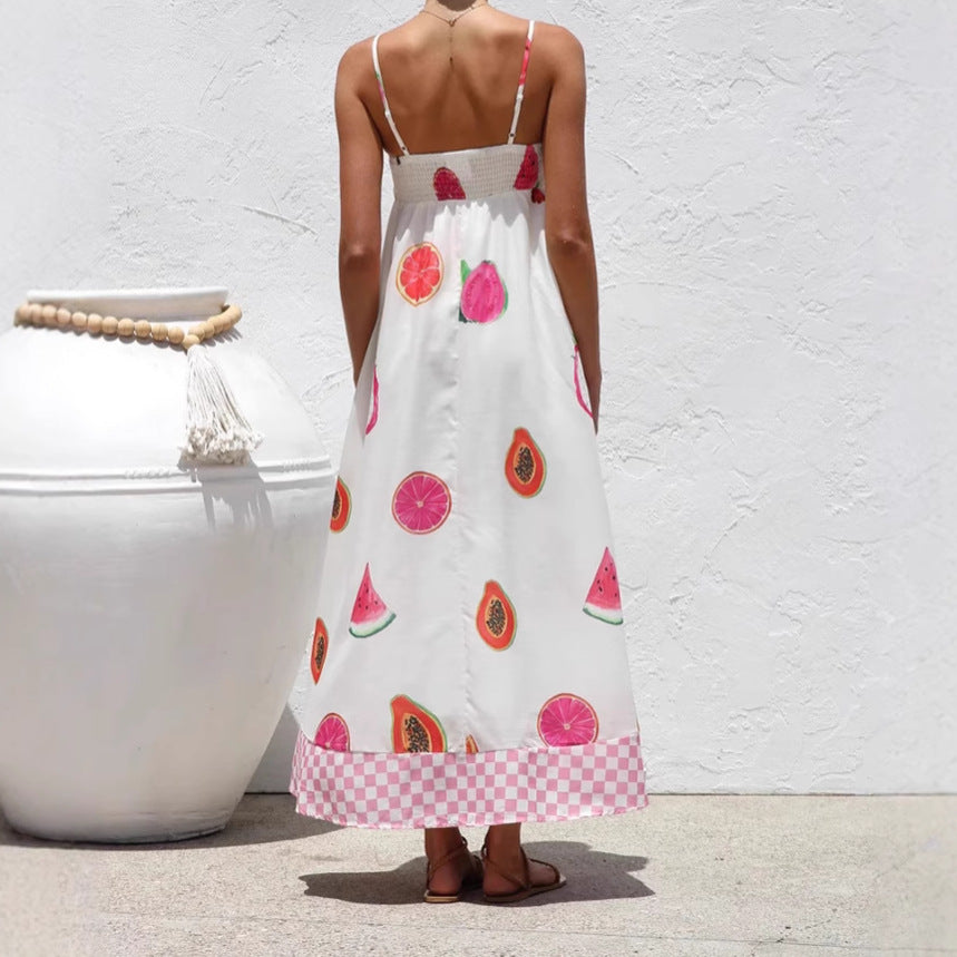 Women's Casual Vacation Style Printed Sling High Waist Big Dress