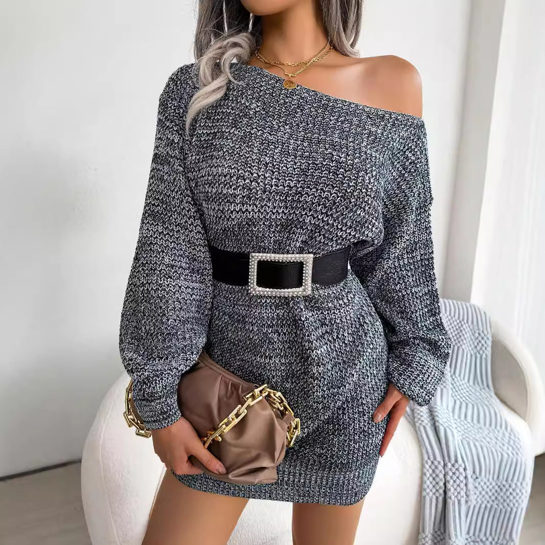 Women's Casual Collar Color Lantern Sleeve Knitted Dress