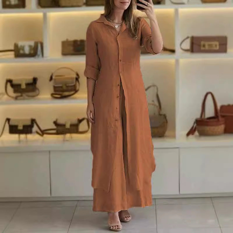 Cotton Linen Tight Waist Long Shirt Suits