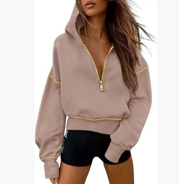 Women's Half Zipper Ladies Hooded Long-sleeved Fashion Sweaters