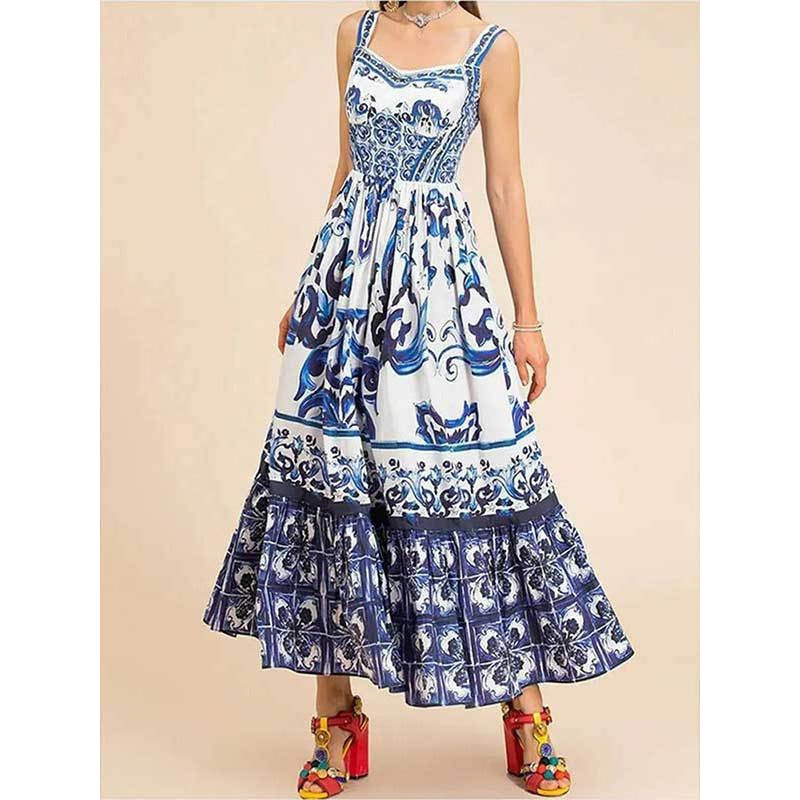 Women's Summer Printed Sleeveless Pleated Waist Tight Mid-length Sling Dress
