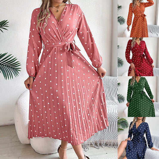 Women's Elegant Contrast Color Polka Dot Cross Pleated Dress