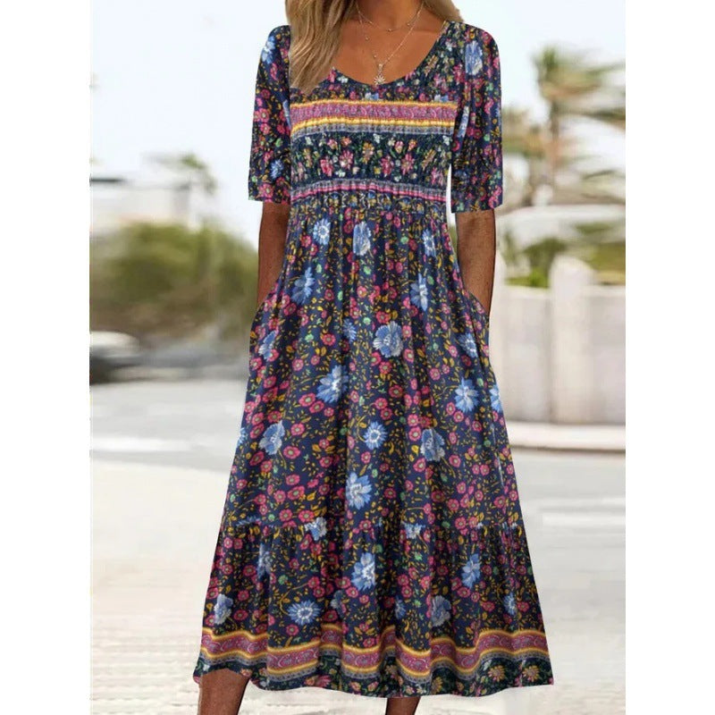 Women's Summer Round Neck Sleeve Dress Bohemian Dresses