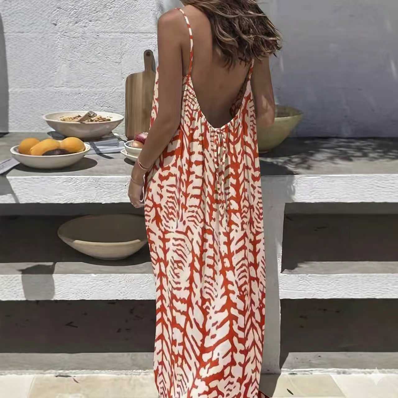 Backless Print Long Summer Vacation Style Dress