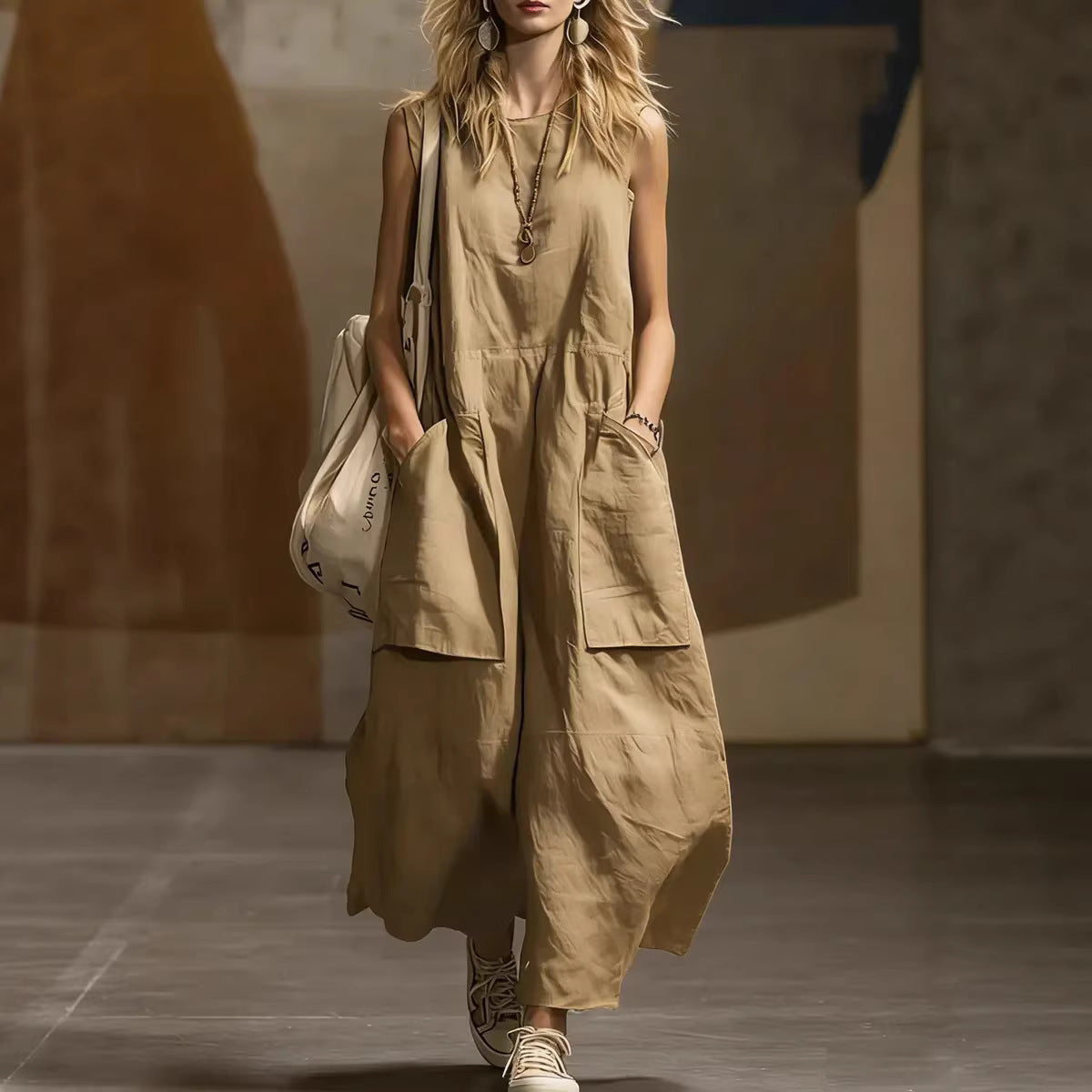 Women's Loose Simple Sleeveless Pocket Cotton Linen Dress