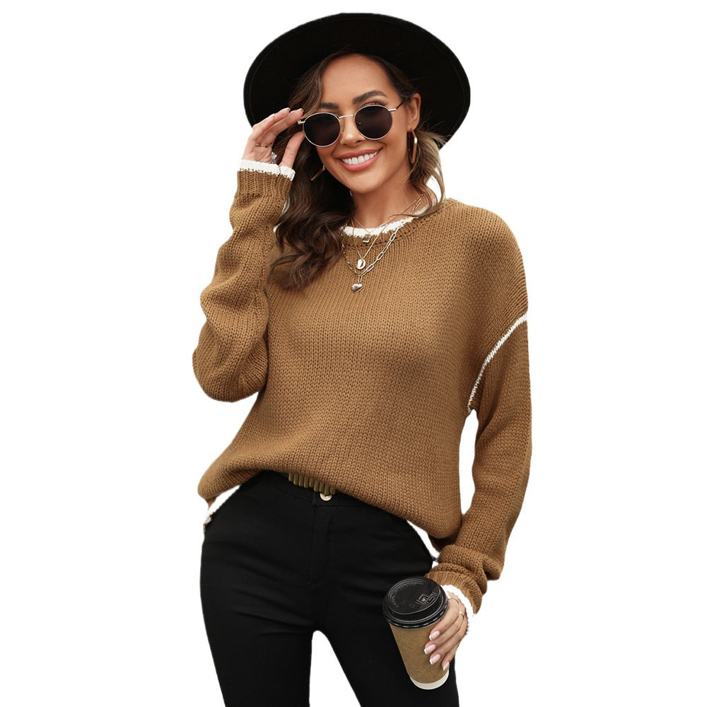 Women's Autumn Patchwork Stripes Contrast Color Round Neck Knitwear