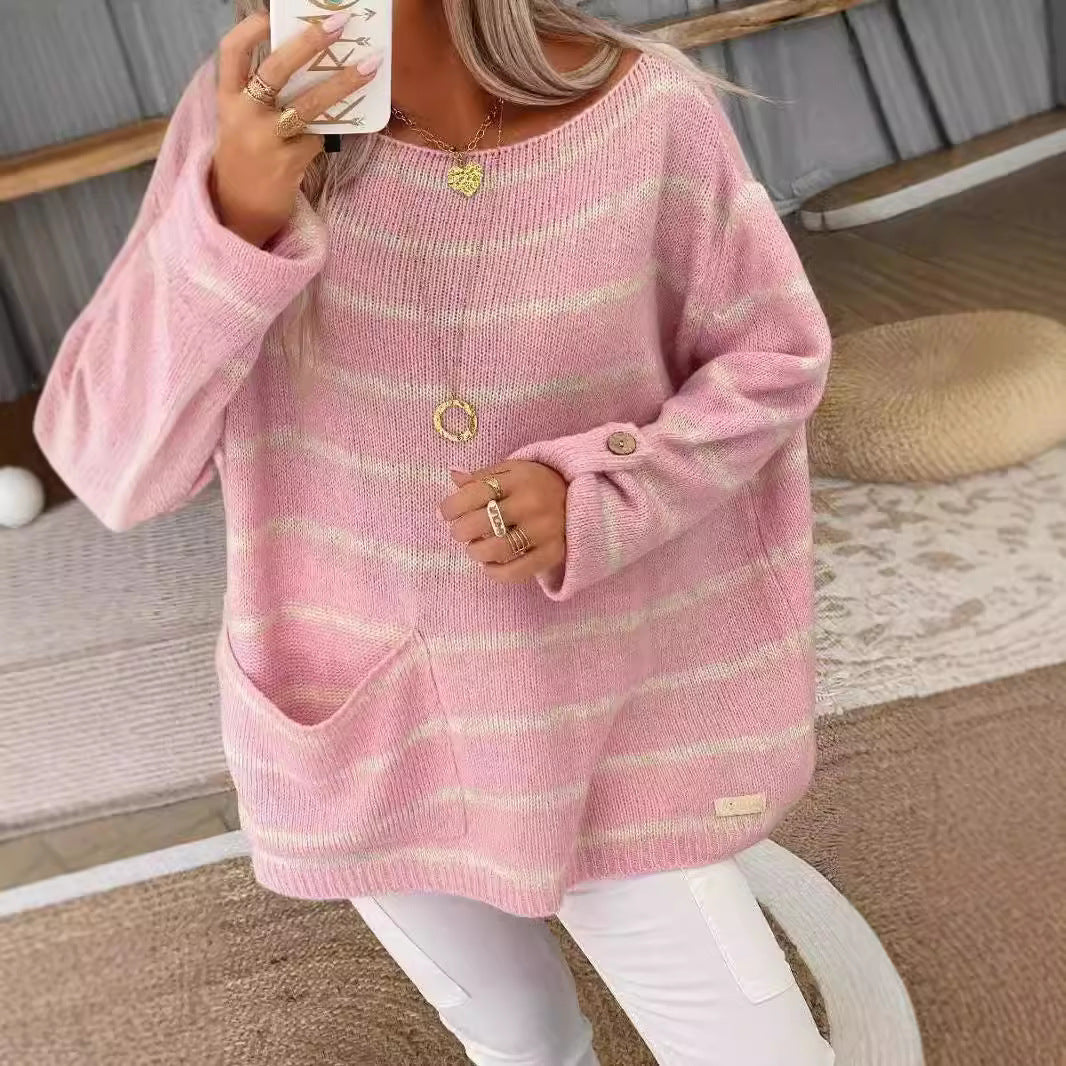 Women's Contrast Color Striped Pullover Round Neck Sweaters