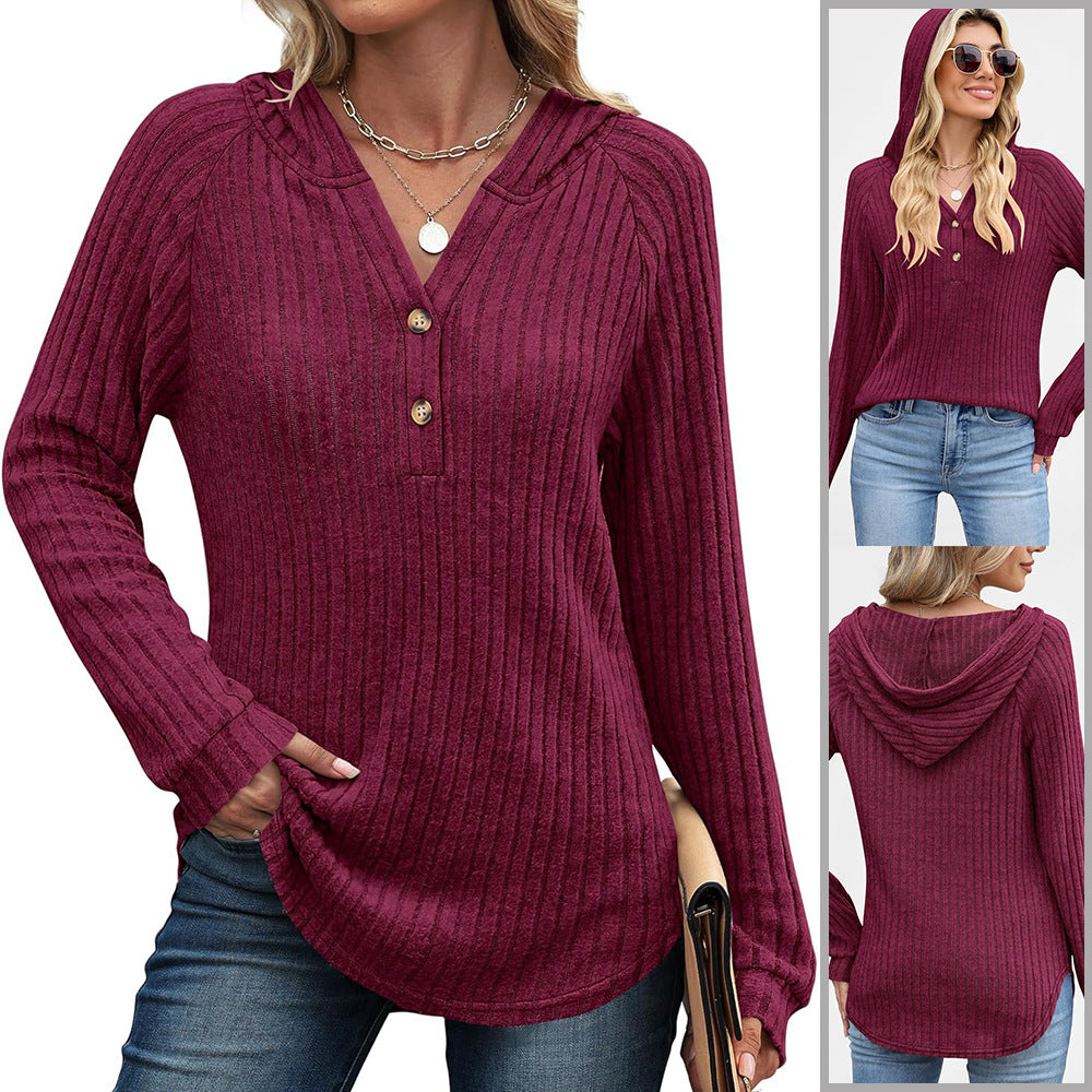 Solid Color Button Loose Hooded Fleece Women's Sweater