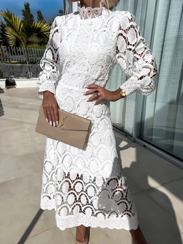 French Style Lace Stand Collar Puff Dresses