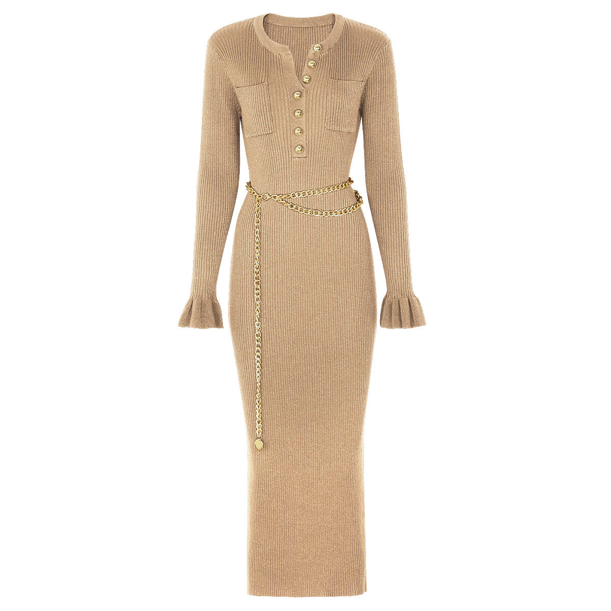 High Quality Fashion Knitted Slim Fit Slimming Chain Belt Dresses