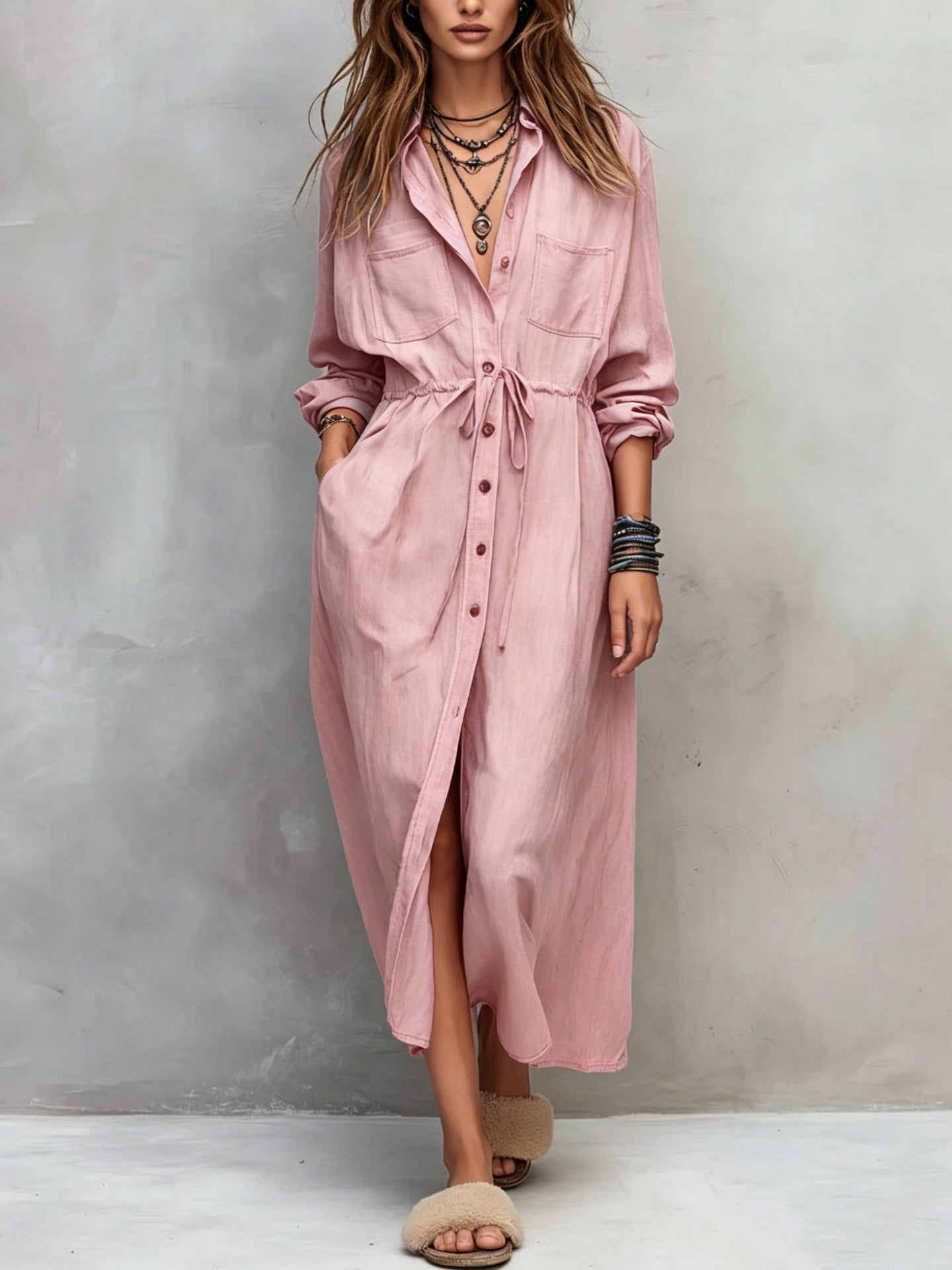 Casual Drawstring Fitted Waist Shirt Loose Dress