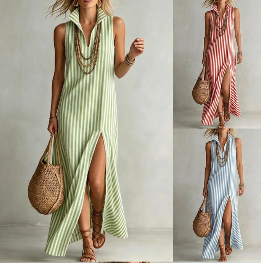 Women's Fashion Striped Stand Collar Sleeveless Split Cotton Dress