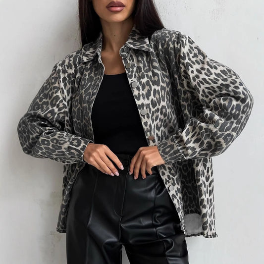 American Vintage Leopard Print Niche Lapel Denim Spring Jackets
