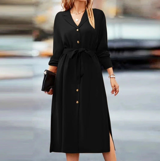 Women's Solid Color Lapel Tied Long Sleeve Dresses