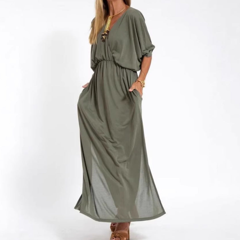 Women's Fashion Solid Color High Waist Slit Dress