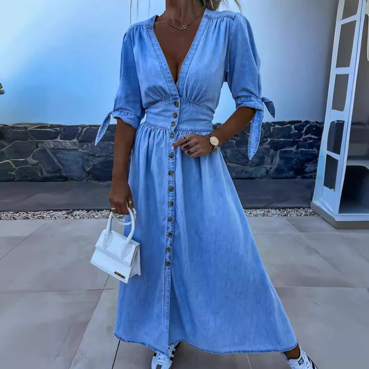 Women's Fashion Sexy Long Button Denim Dress Dresses