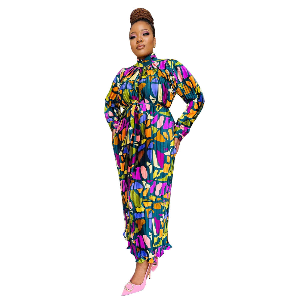 Women's Autumn Print Long Sleeve Pleated Dress Dresses