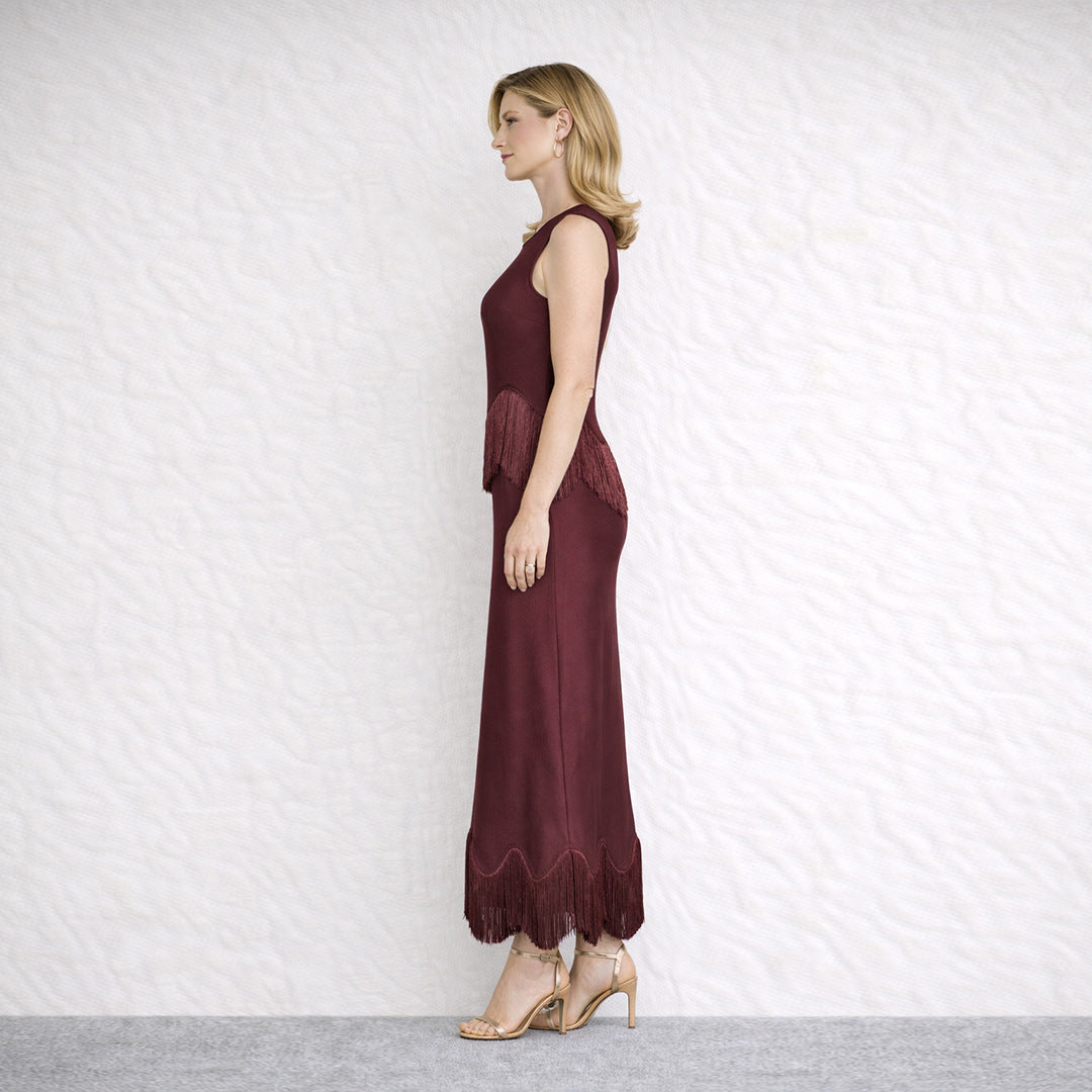 Women's Tassel Decorative Midi Wine Red Elegant Bandage Dress