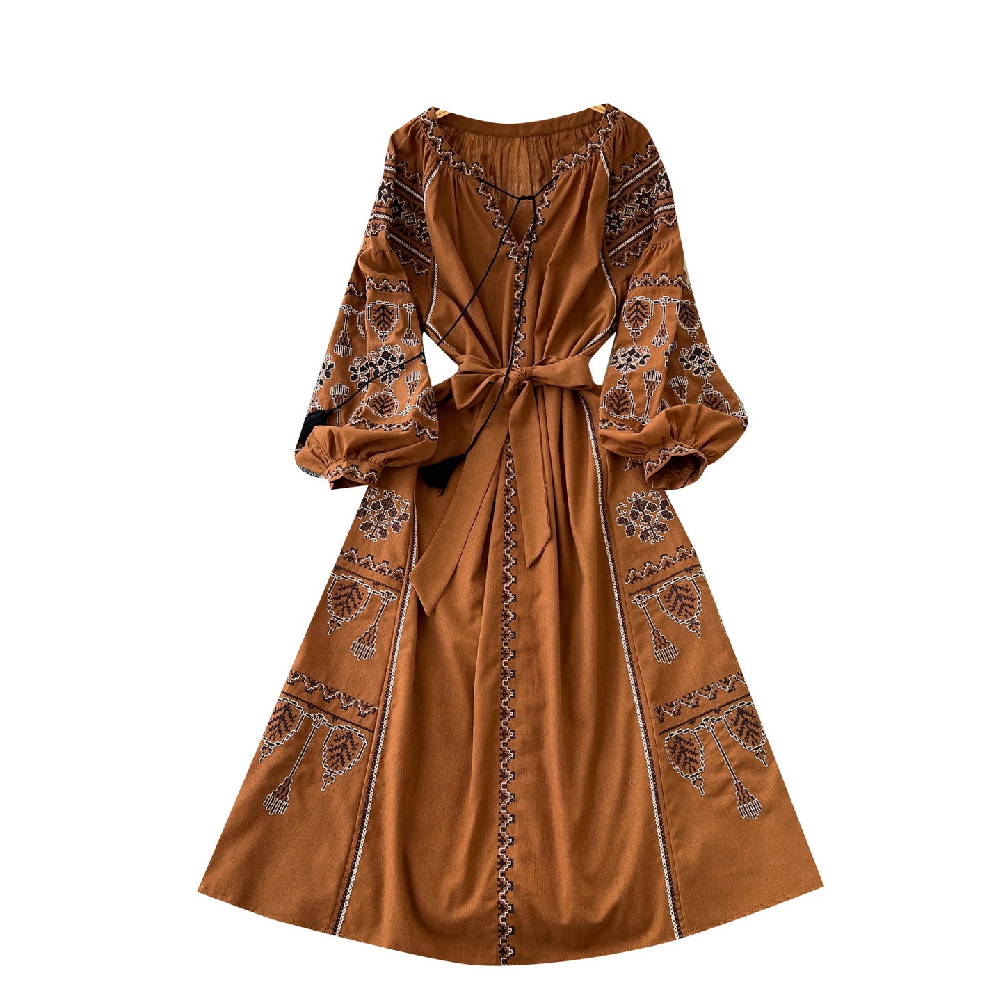 Women's Bohemian Retro Style Embroidered Loose Lantern Sleeve Dresses