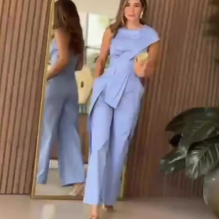 Round Neck Solid Color Irregular Sleeveless Jumpsuits