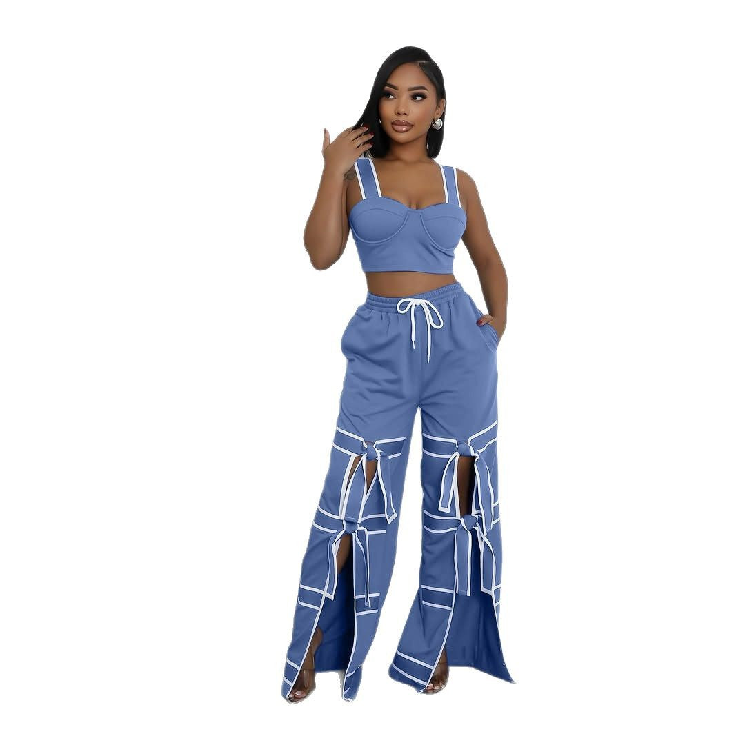 Fashion Solid Color Stitching Straps Casual Pants