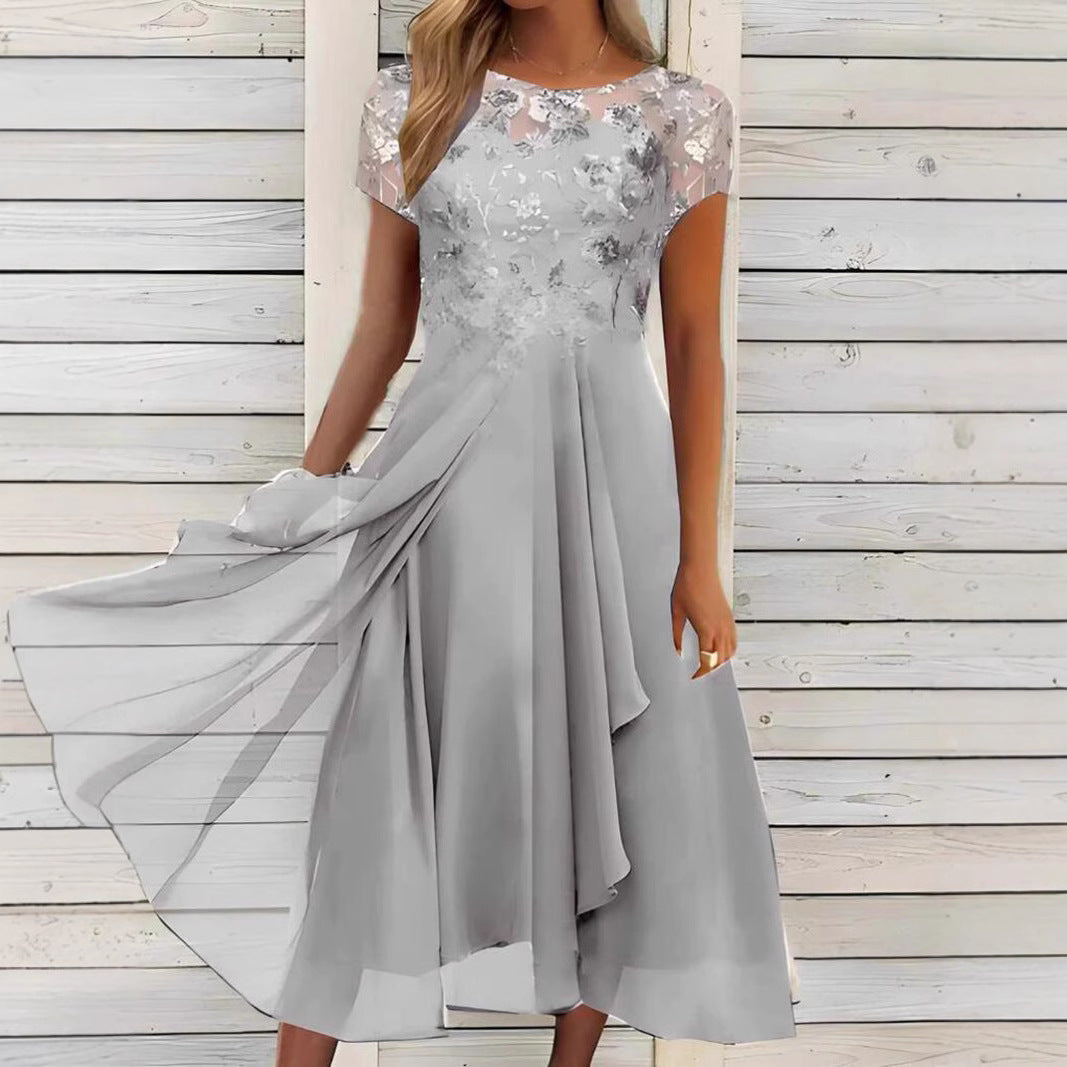 Chiffon Patchwork Round Neck Lace Long Dress