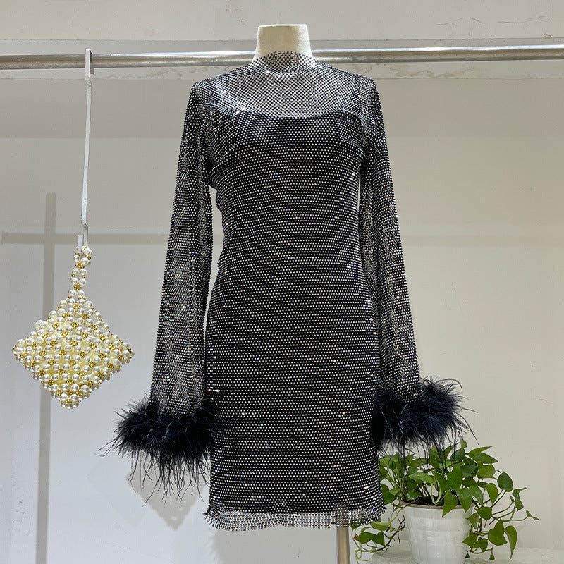 Fashion Luxury Hollow Mesh Ostrich Feather Slimming Bottoming Dress