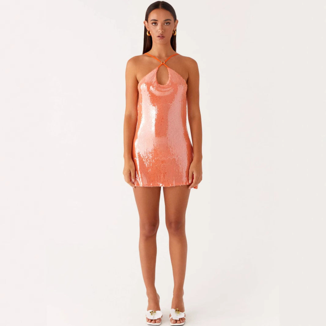 Women's Sequins Dress Cross Summer Backless Slip Dresses