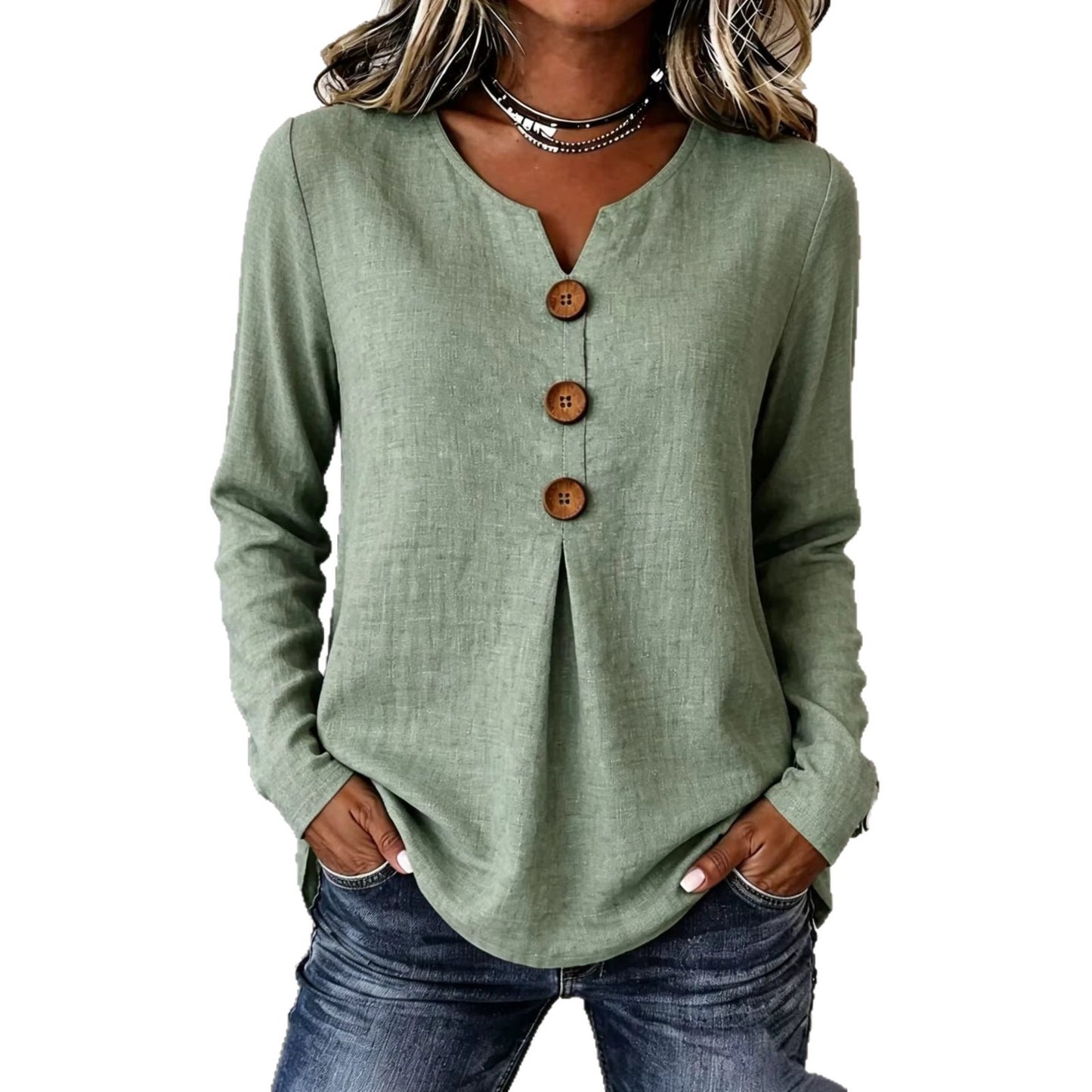 Women's Autumn Loose Solid Color Button Pleating Tops