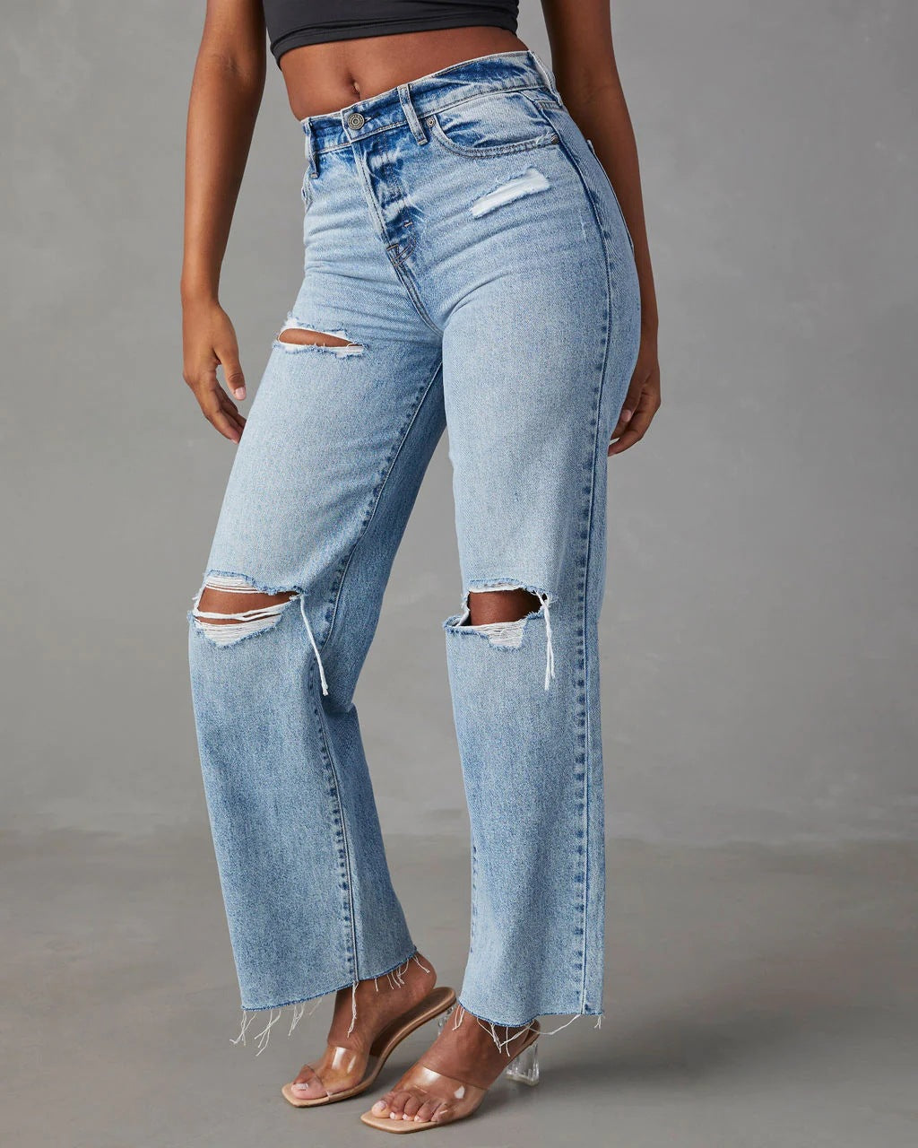 Women's Ripped High Waist Straight Washed Worn Jeans