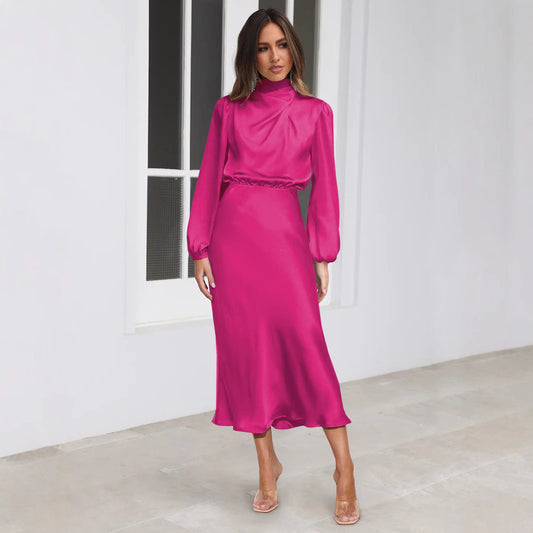 Women's Autumn High-grade Satin Long Sleeve Loose Dresses
