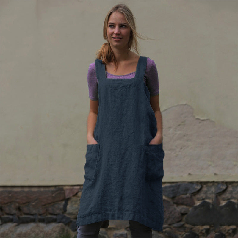 Women's Cotton Linen Apron Home Wear Gardening Dress