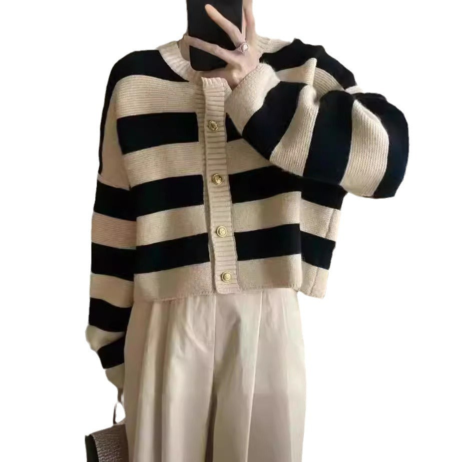 Women's Neck Striped Contrast Color Spring Loose Design Women's Sweater