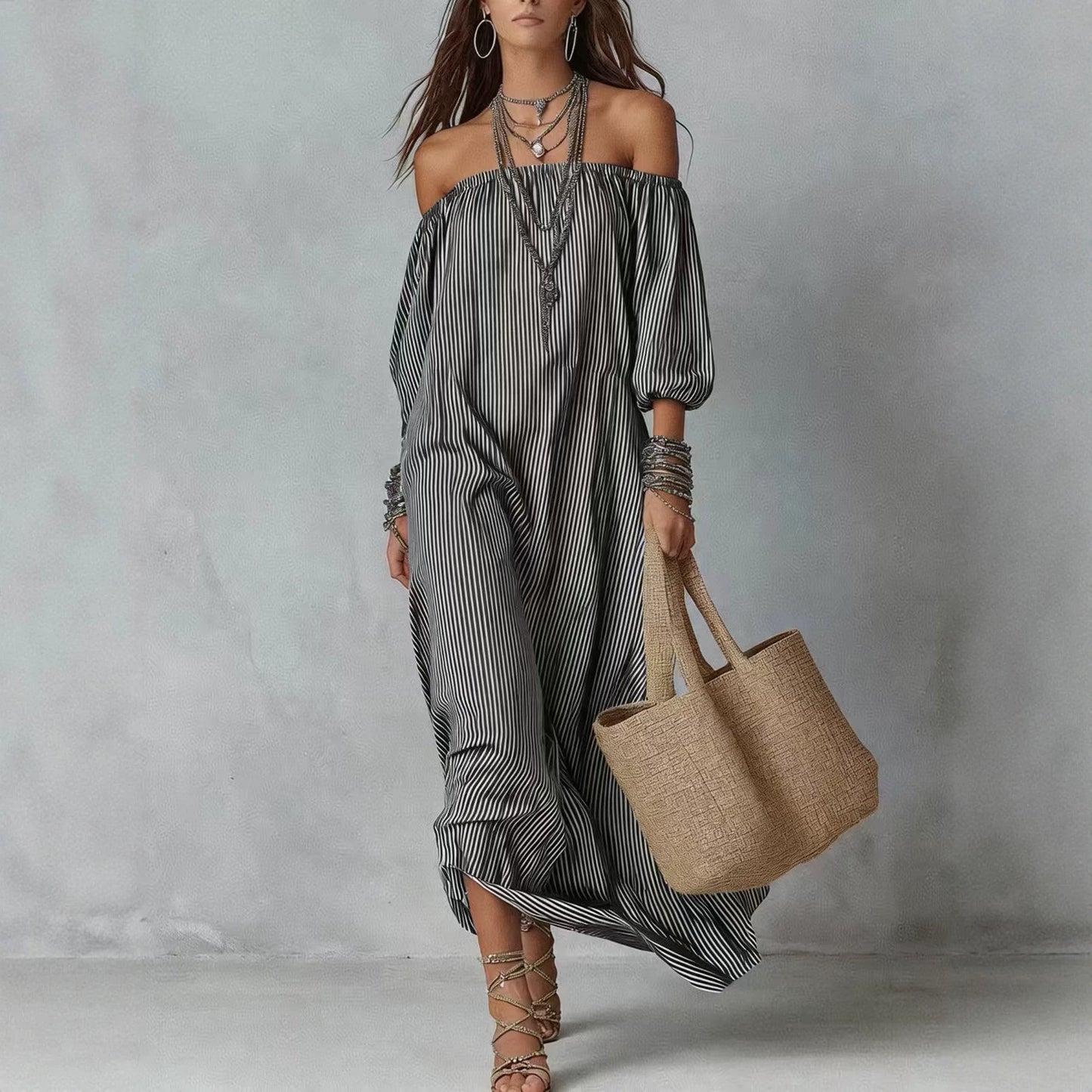 Women's Elegant Striped Loose Holiday Fashion For Dress