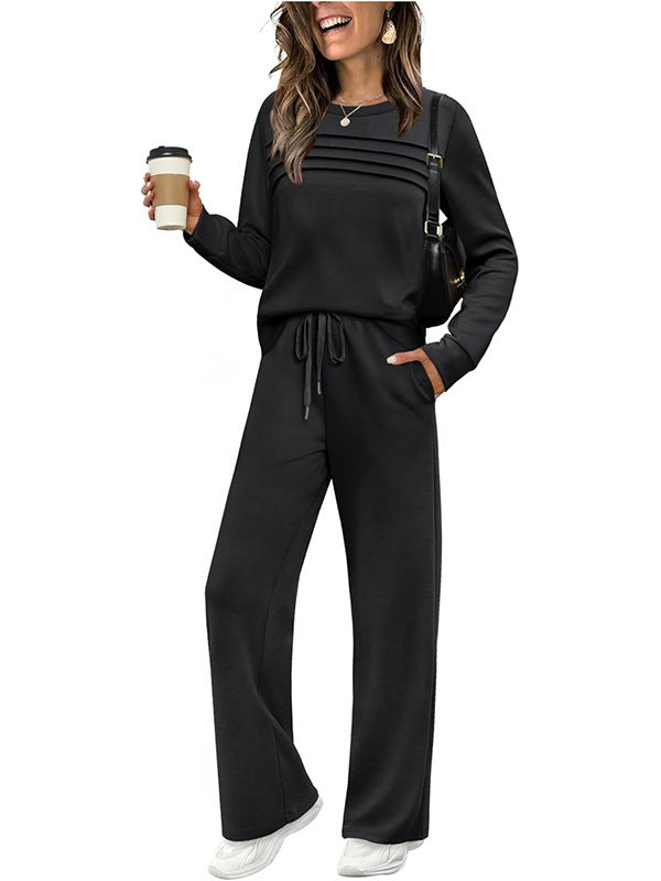 Women's Autumn Long Sleeve Round Neck Elastic Waist Trousers Fashion Casual Suit