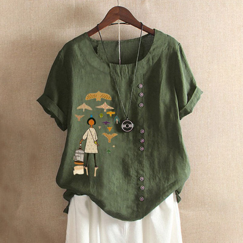 Women's Retro Cotton Linen Printed Casual Shirt Blouses