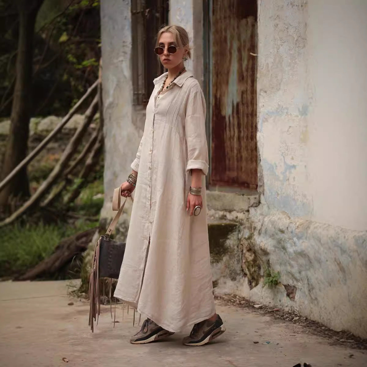 Solid Color Shirt Collar Long Sleeve Temperament Elegant Simple Loose Dress